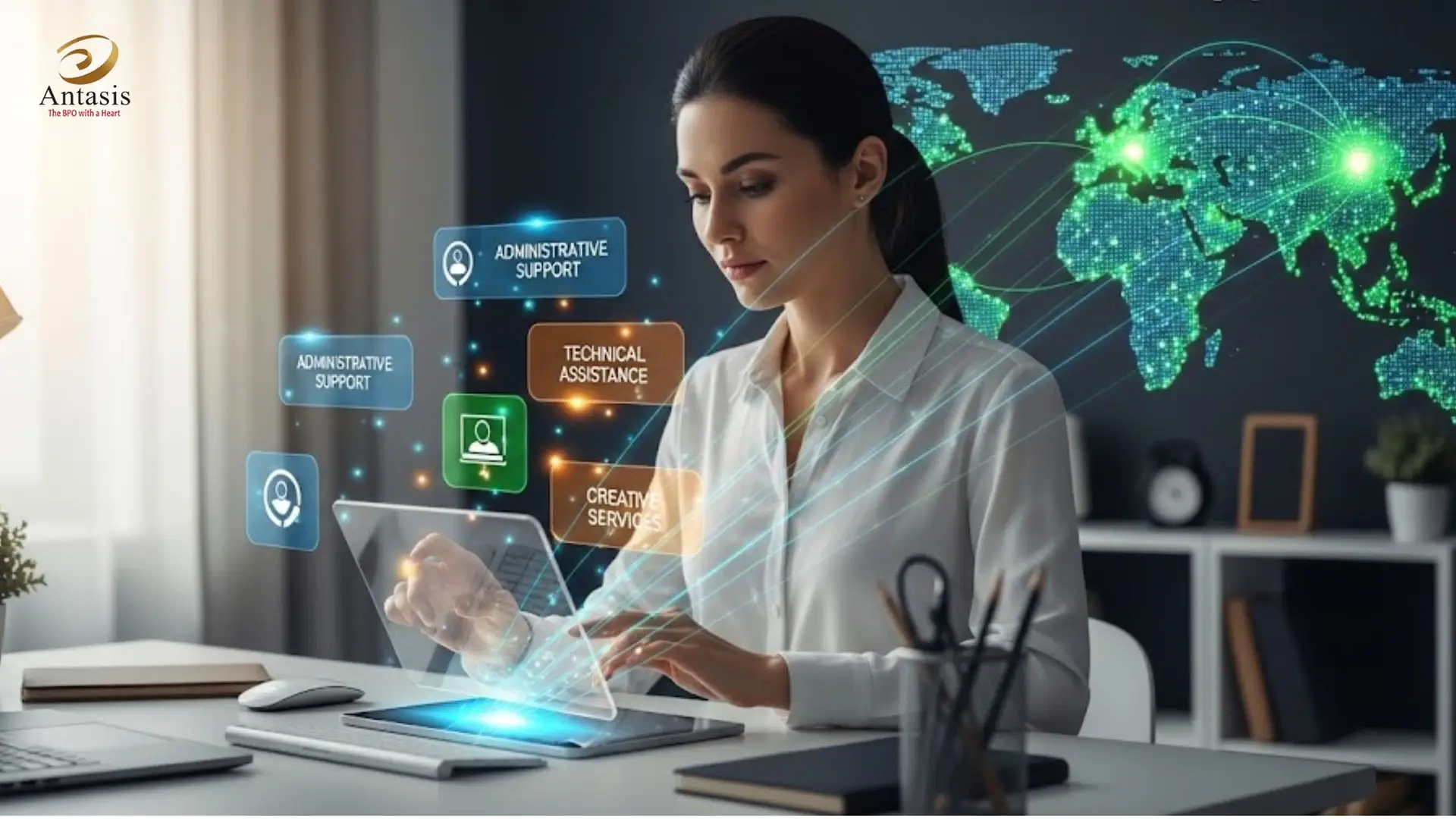 Unlock global talent and enhance productivity by outsourcing administrative and technical tasks to Antasis.