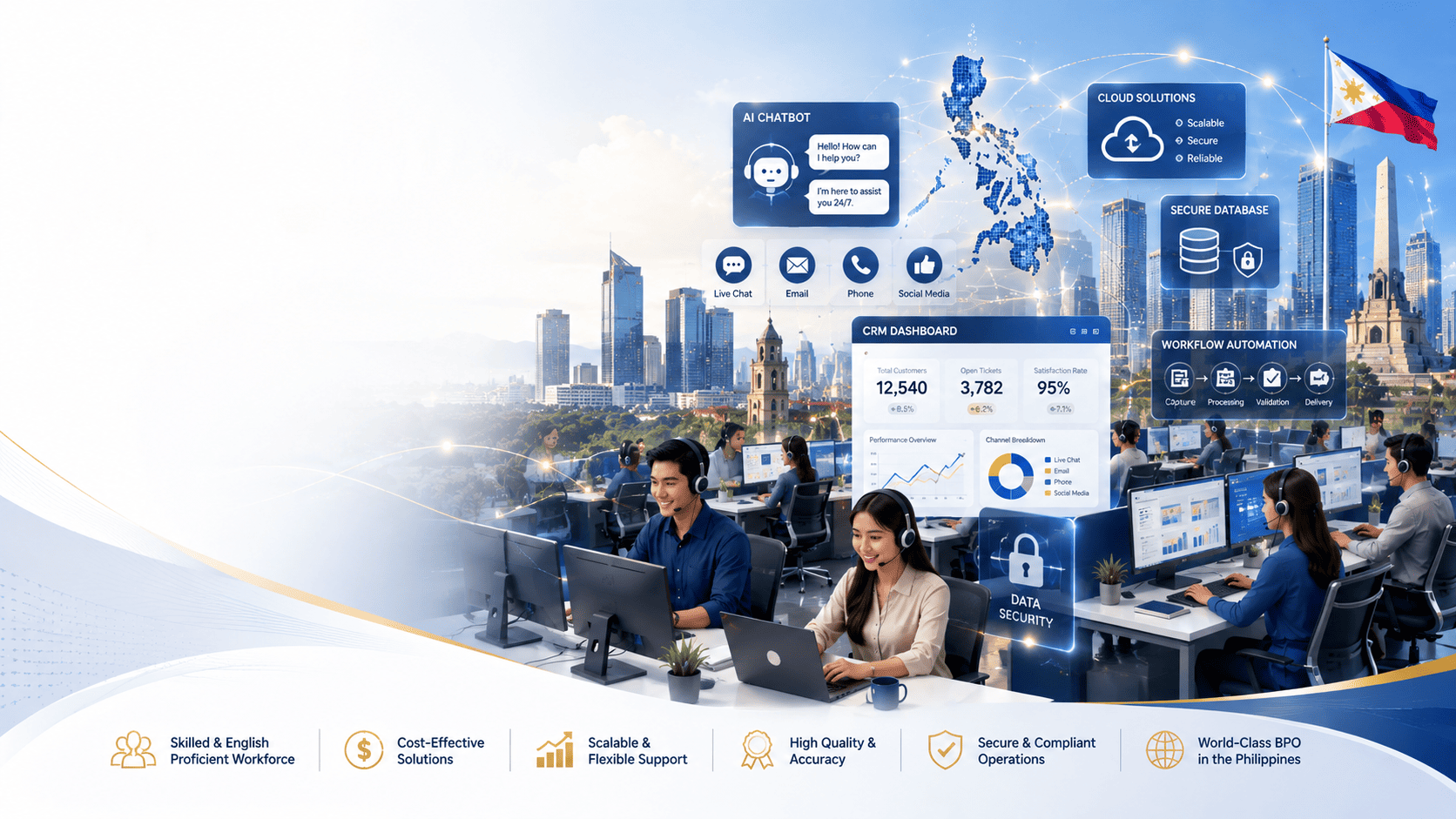 Professional outsourcing solutions from the Philippines helping businesses improve customer experience, operational efficiency, and data accuracy.