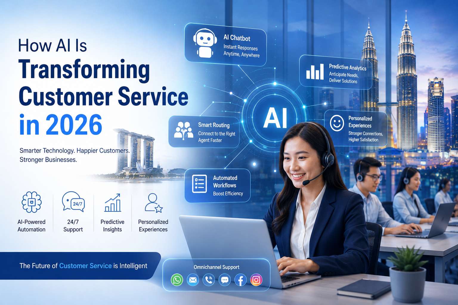 AI-powered customer service enables businesses to deliver faster responses, personalized experiences, 24/7 support, and smarter customer engagement through intelligent automation.